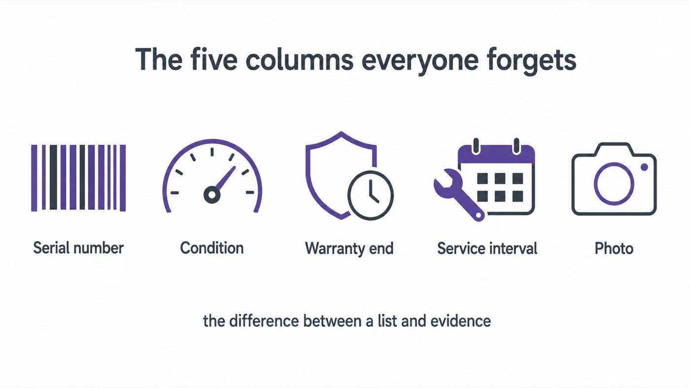 Infographic: the five columns everyone forgets — serial number, condition, warranty end, service interval and photo, the difference between a list and evidence