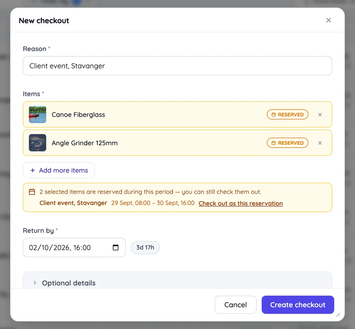 A new checkout with two reserved items, and a note naming the reservation with a Check out as this reservation link