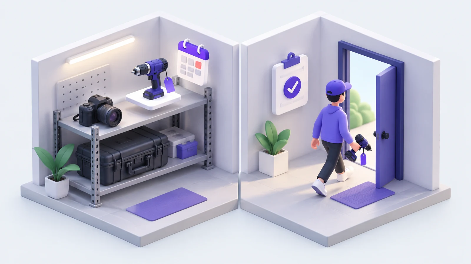 An isometric equipment room in two halves — a drill set aside on a shelf beside a calendar, and the same drill being carried out through the door