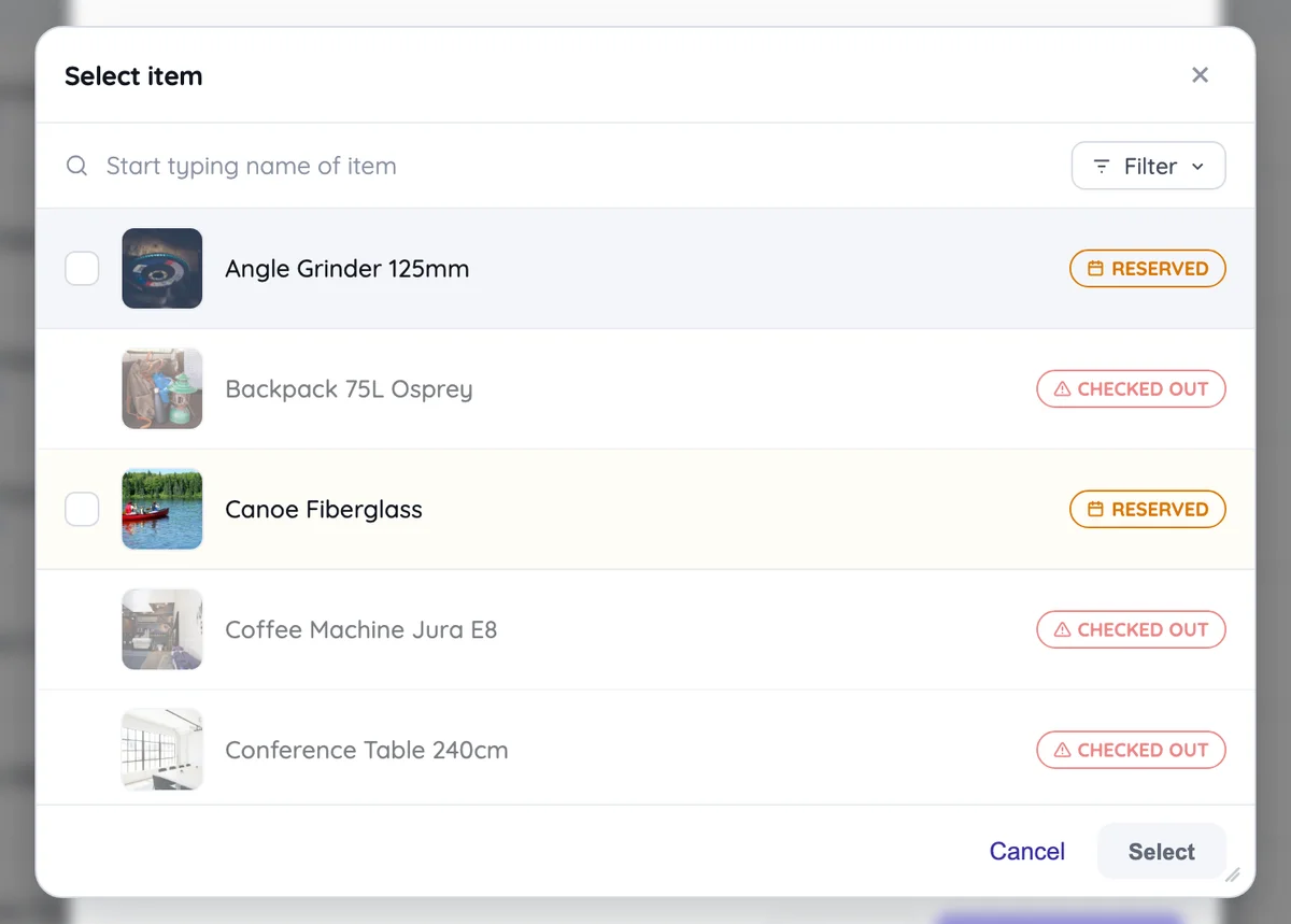 The item picker in a new checkout, showing two items marked Reserved and several marked Checked out