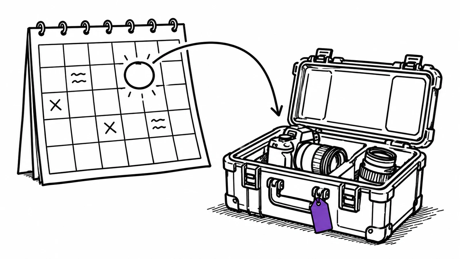 The day it is due back is the date that matters A desk calendar with one day circled and an arrow pointing to an open flight case holding a camera and lenses