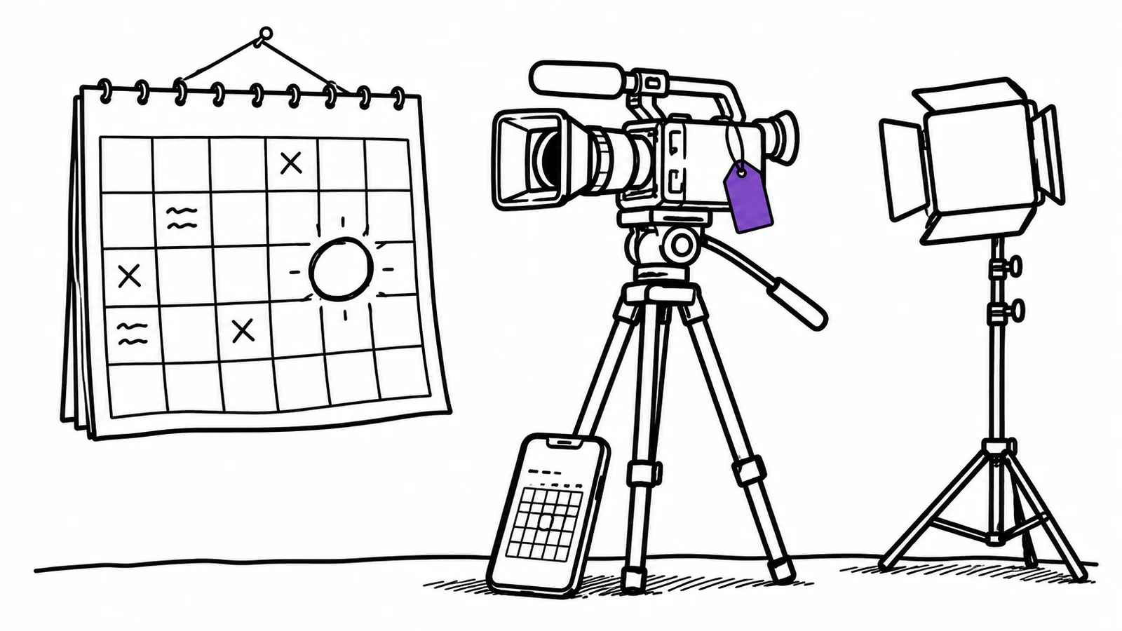 A hand-drawn wall calendar with one day circled, beside a video camera on a tripod carrying a purple equipment tag