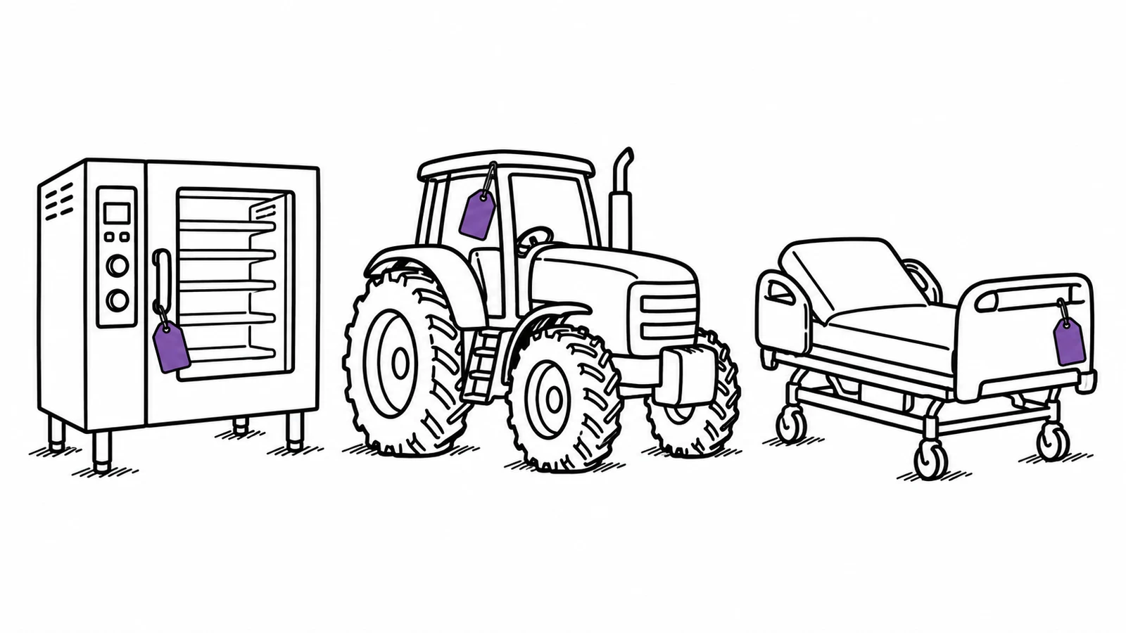 A commercial oven, a farm tractor and a hospital bed side by side, each with an equipment tag