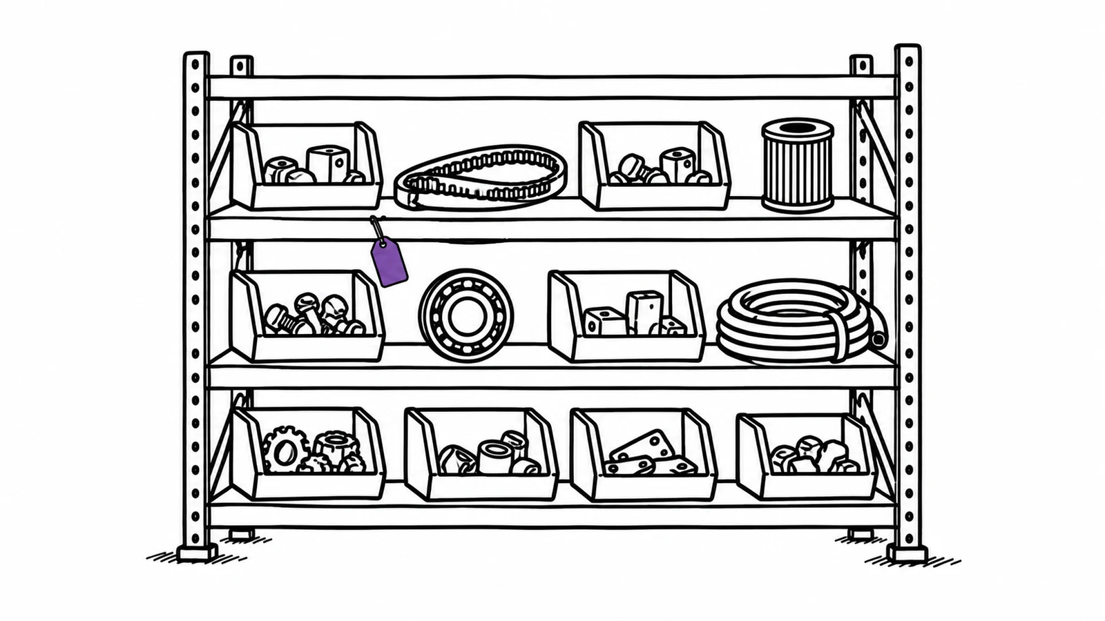 A shelving rack of spare parts in open bins, with an equipment tag on one shelf