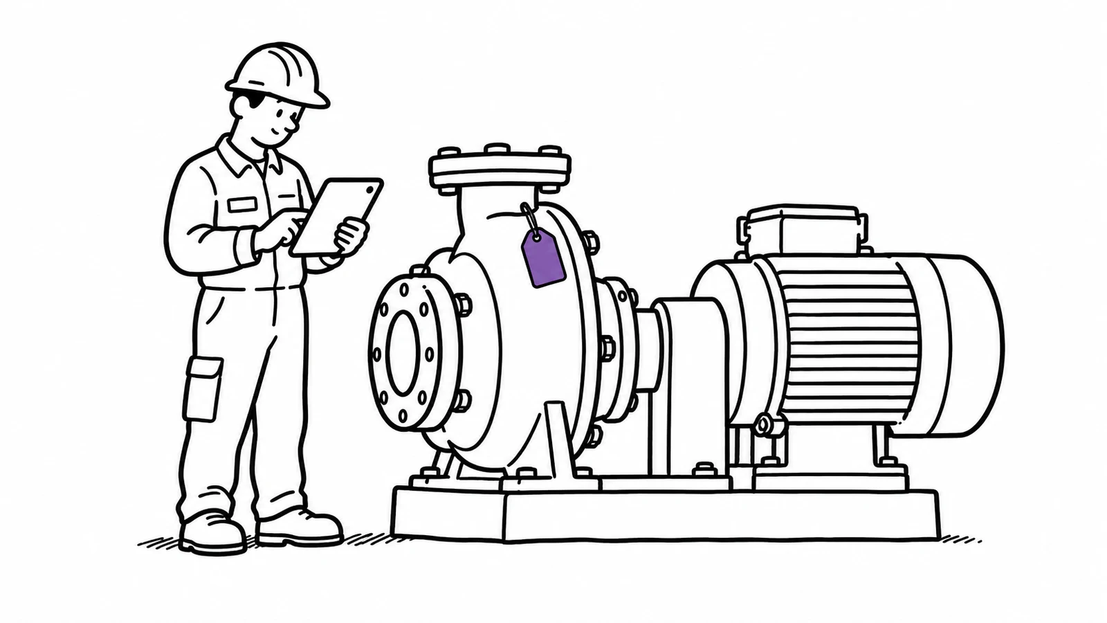 A maintenance technician with a tablet beside an industrial pump, a tag hanging from the pump housing
