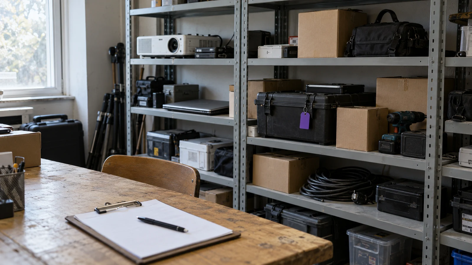 A small company storeroom with grey metal shelves holding a projector, a laptop, a cordless drill, bags, hard cases, boxes and a coiled cable, and a clipboard with a blank sheet on a wooden table in front. One black case carries a violet equipment tag.