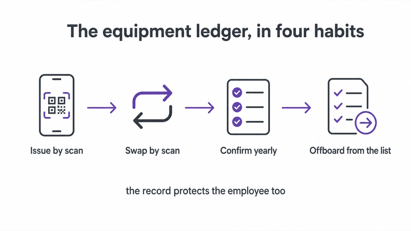 Infographic: the equipment ledger in four habits — issue by scan, swap by scan, confirm yearly, offboard from the list
