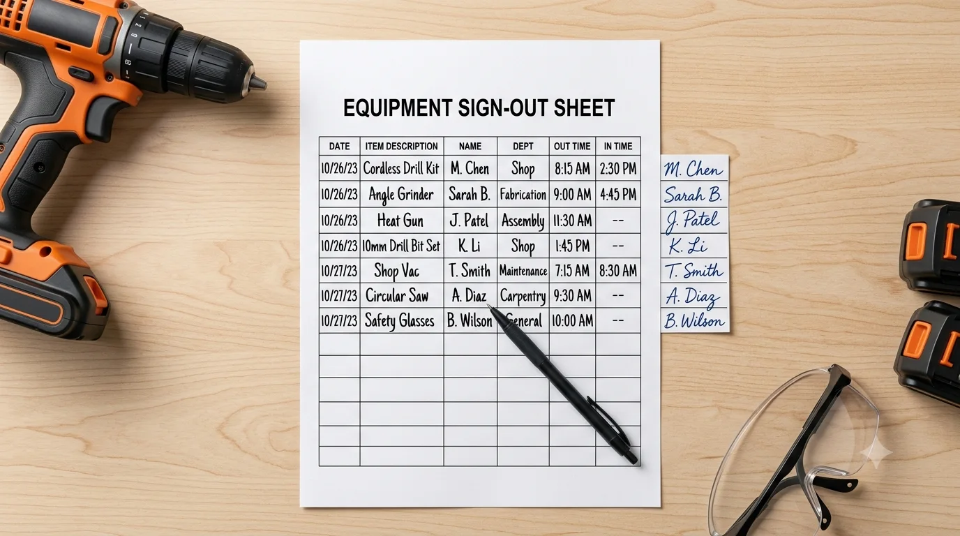 A printed equipment sign-out sheet on a workbench with handwritten entries, a pen, a cordless drill and safety glasses