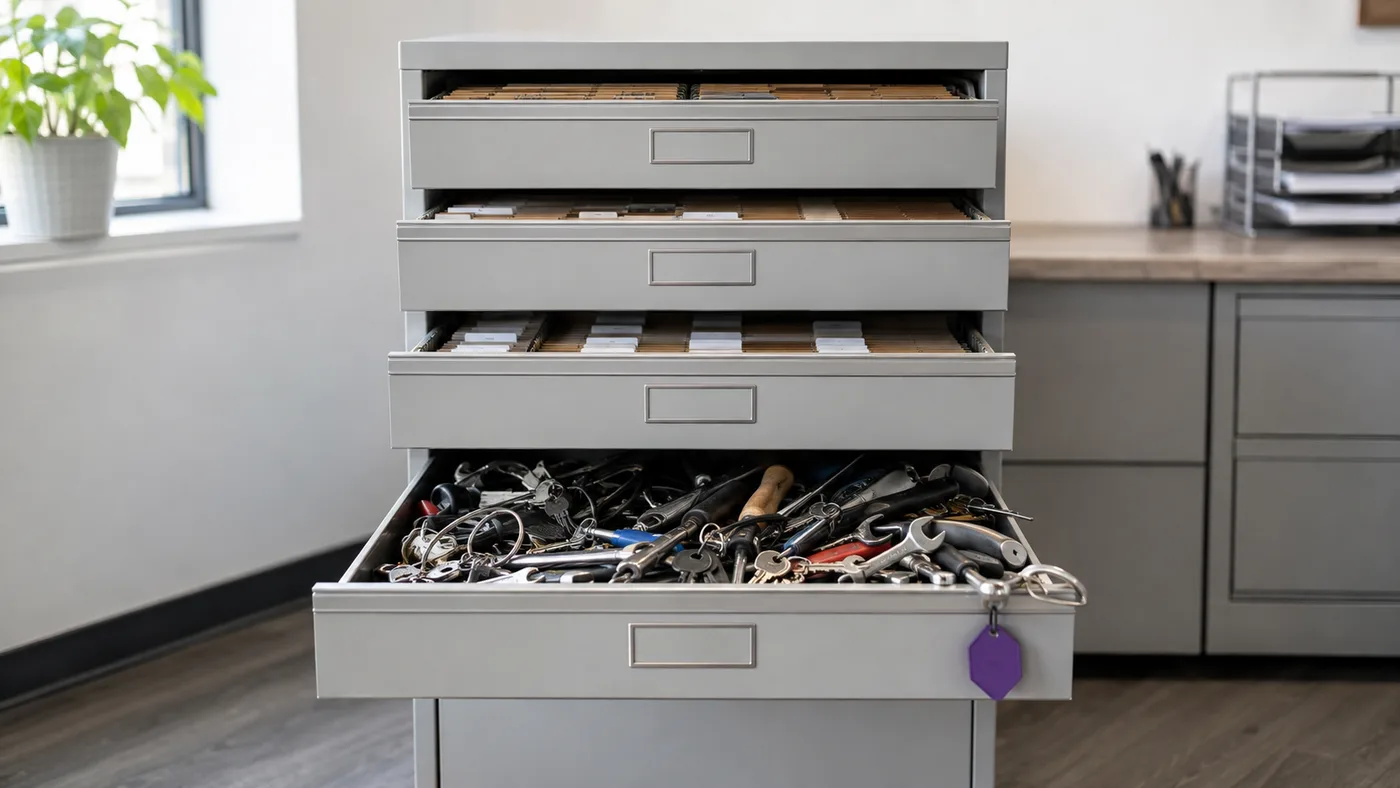 A grey cabinet with four drawers: the top three tidy and indexed, the fourth pulled fully open and overflowing with unsorted tools, a single purple tag hanging from the edge