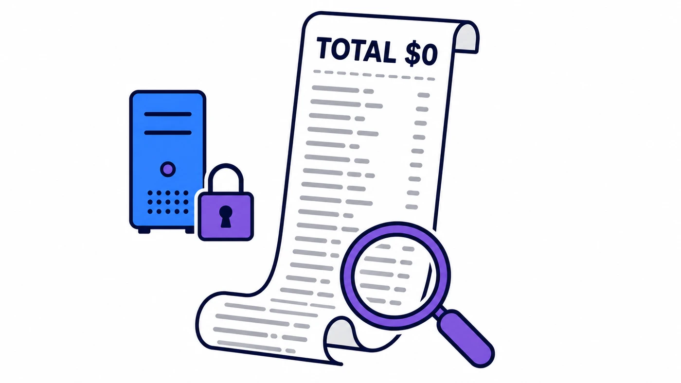 A till receipt headed TOTAL $0 unrolling into a long tail of small illegible line items, with a magnifying glass over them