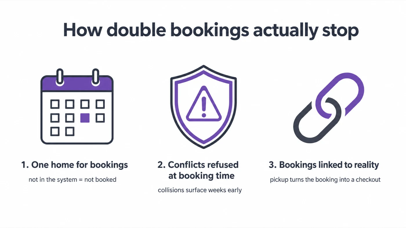 Infographic: how double bookings actually stop — one home for bookings, conflicts refused at booking time, and bookings linked to reality