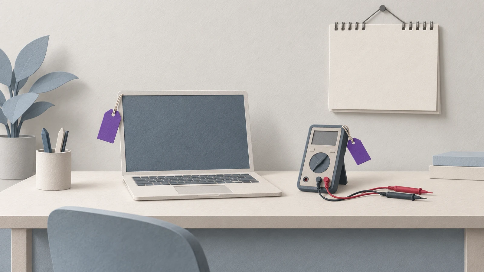 A paper cut-out desk with an open laptop and a multimeter, each carrying a small violet equipment tag, below a wall calendar with blank pages