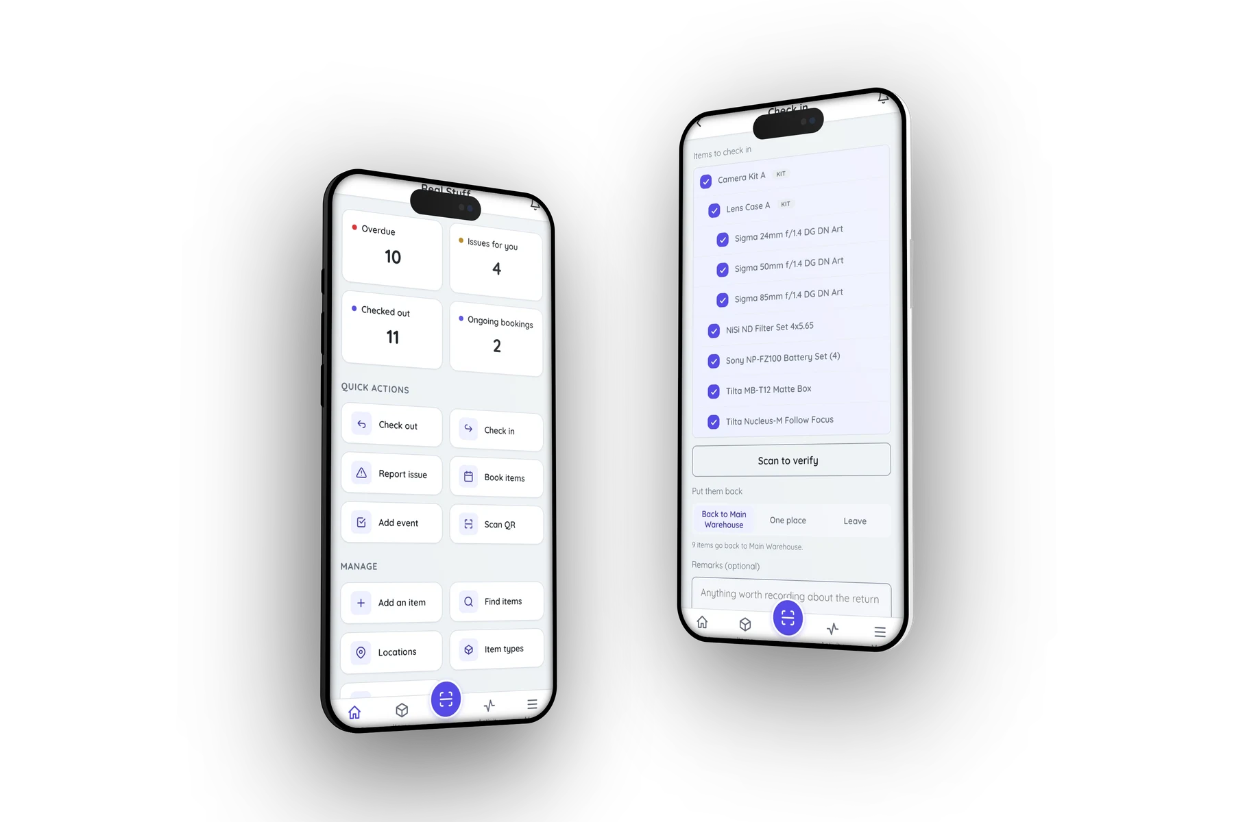The rebuilt Itefy Go home screen beside a check-in screen showing a camera kit being returned