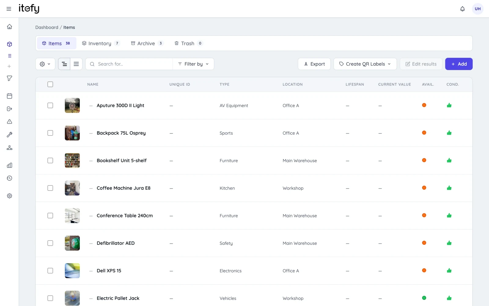 Itefy's item list showing equipment with type, location, availability and condition