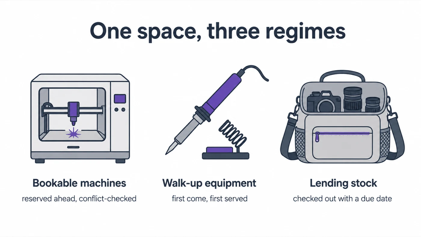 Infographic: one space, three regimes — bookable machines reserved ahead and conflict-checked, walk-up equipment first come first served, and lending stock checked out with a due date