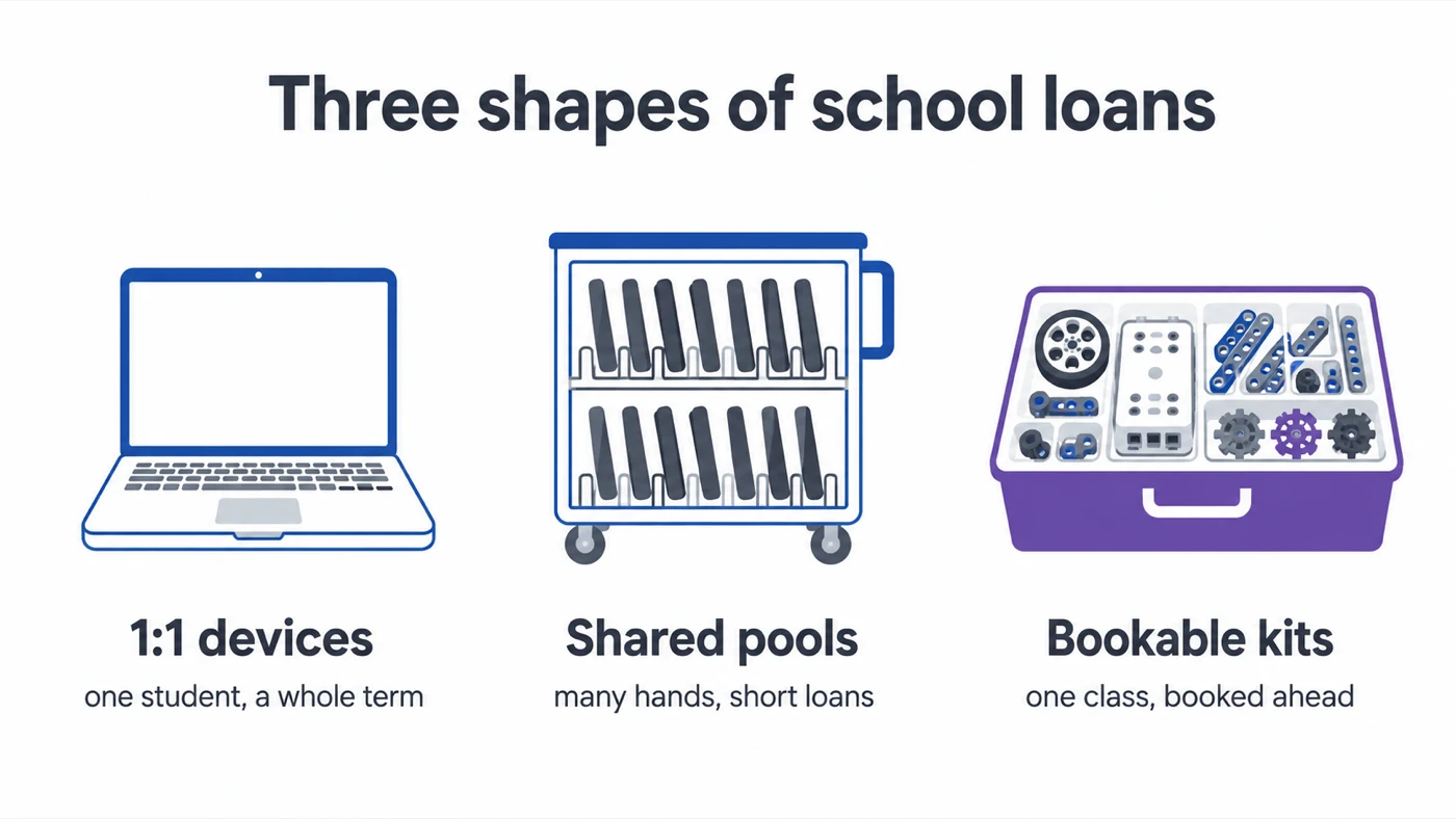 Infographic: three shapes of school loans — 1:1 devices for one student a whole term, shared pools with many hands and short loans, and bookable kits for one class booked ahead