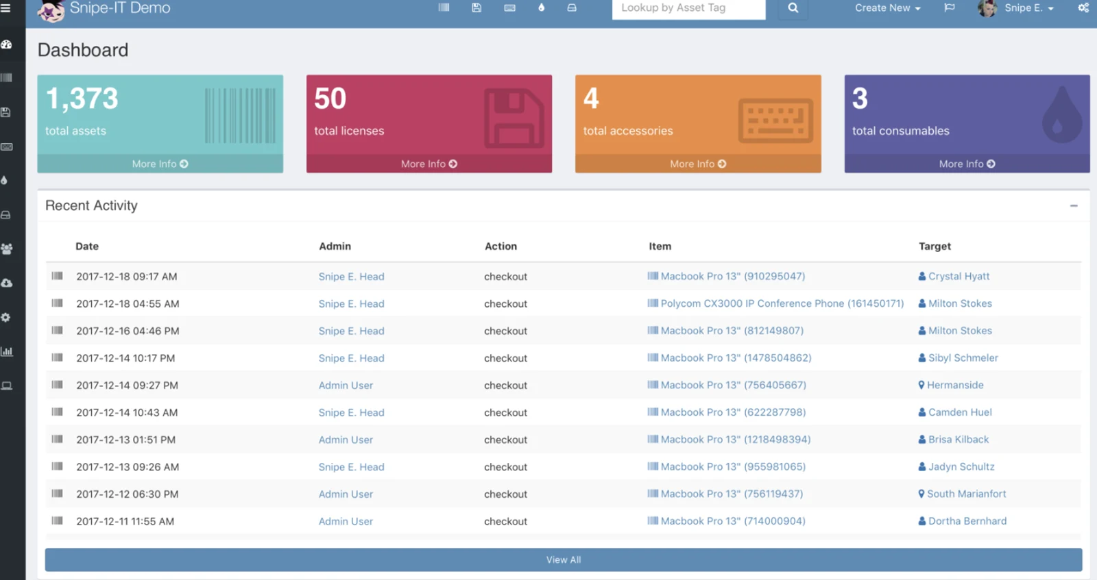 Snipe-IT's asset list showing hardware assigned to users