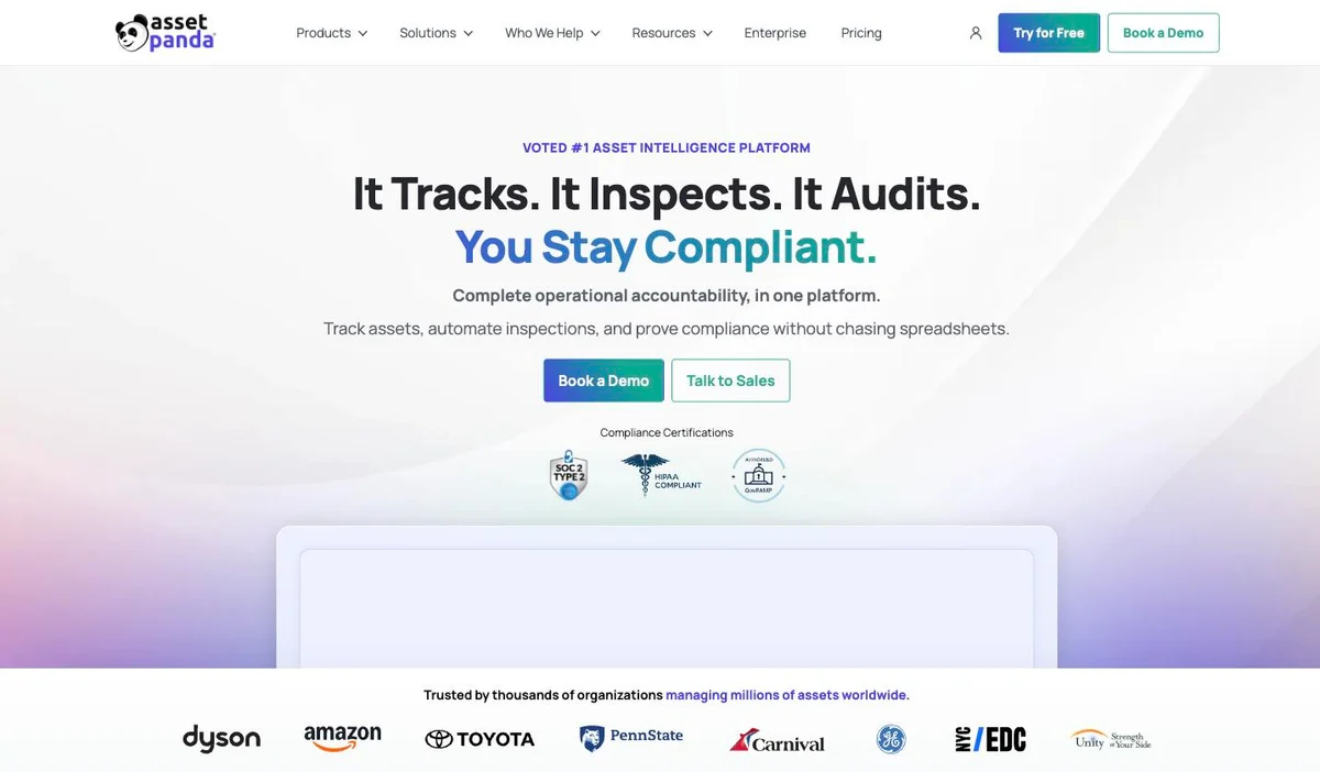 The Asset Panda homepage: &ldquo;It Tracks. It Inspects. It Audits. You Stay Compliant.&rdquo;