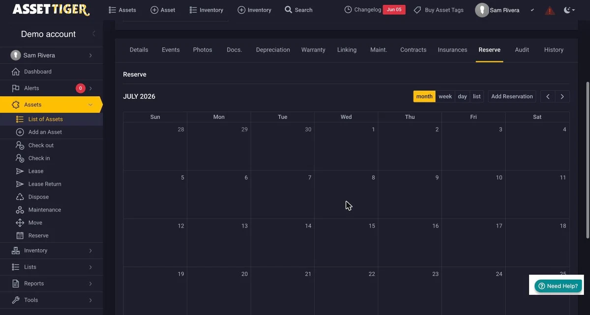 AssetTiger&rsquo;s reservation calendar on the Reserve tab of a single asset