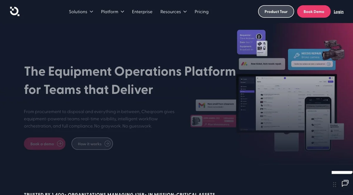 The Cheqroom homepage, headed &ldquo;The Equipment Operations Platform for Teams that Deliver&rdquo;