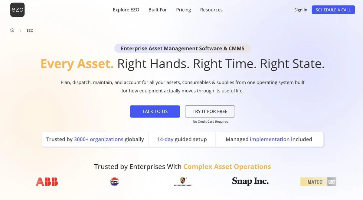 The EZOfficeInventory homepage, badged &ldquo;Enterprise Asset Management Software & CMMS&rdquo;