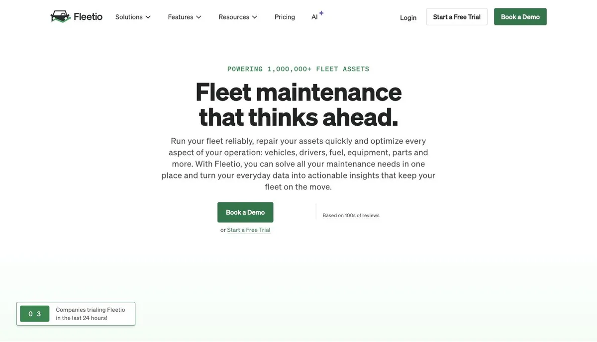 The Fleetio homepage, headed &ldquo;Fleet maintenance that thinks ahead&rdquo;