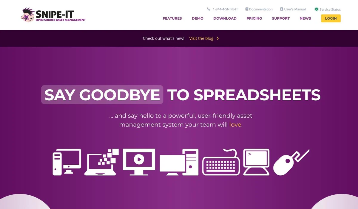 The Snipe-IT homepage, headed &ldquo;Say goodbye to spreadsheets&rdquo;