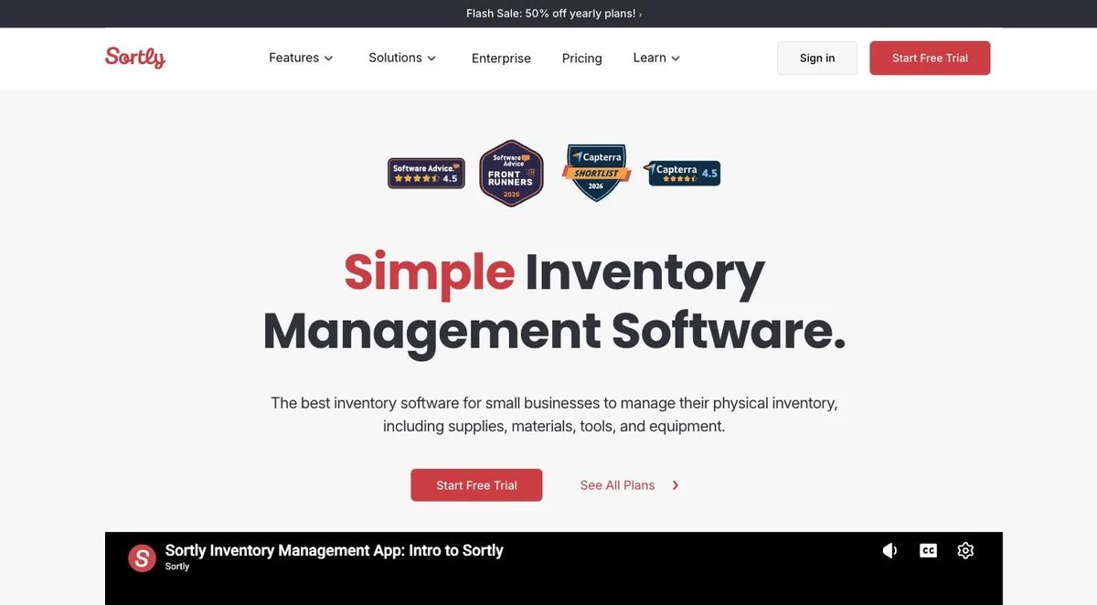 The Sortly homepage, headed &ldquo;Simple Inventory Management Software&rdquo;