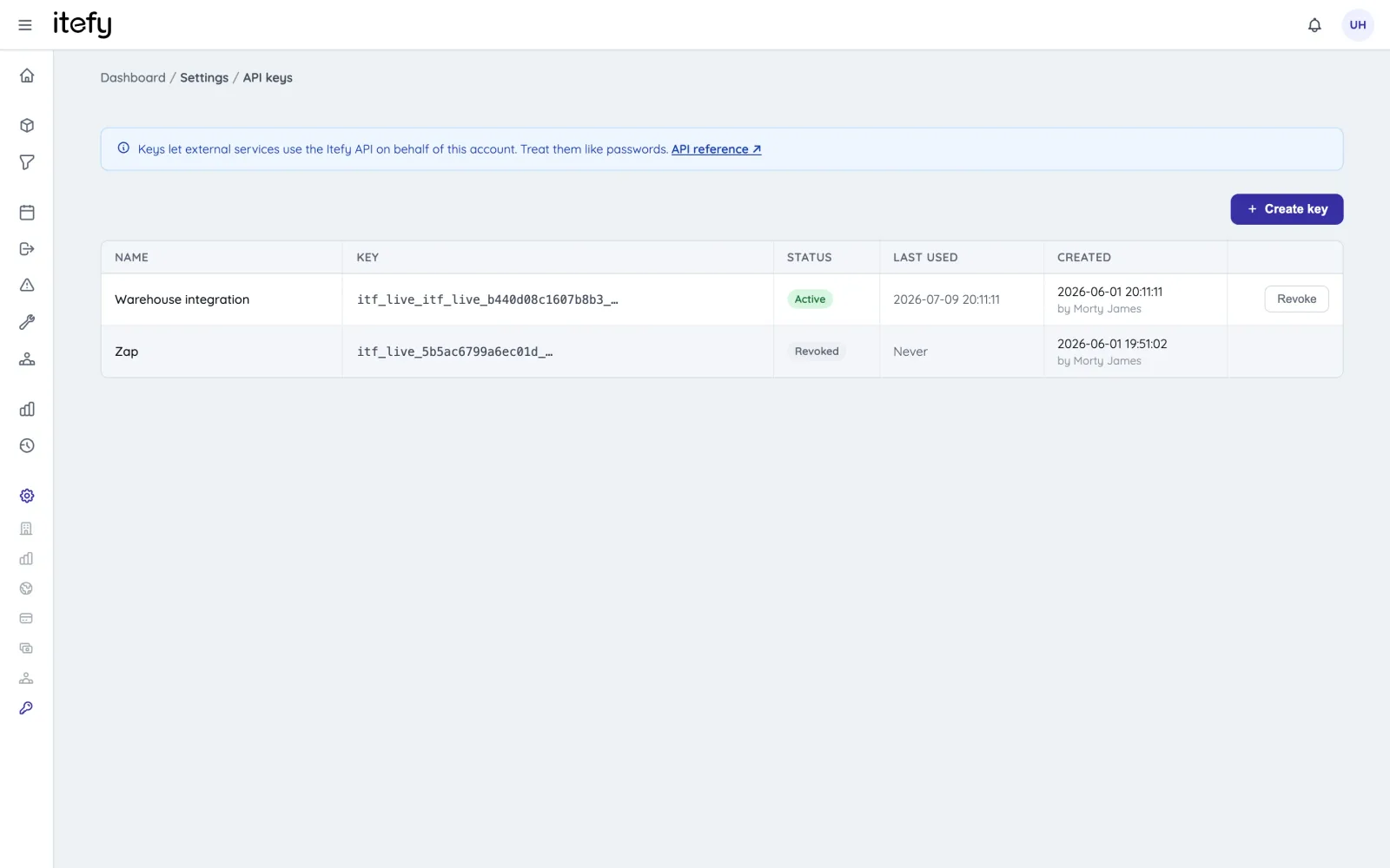 API key management in Itefy settings
