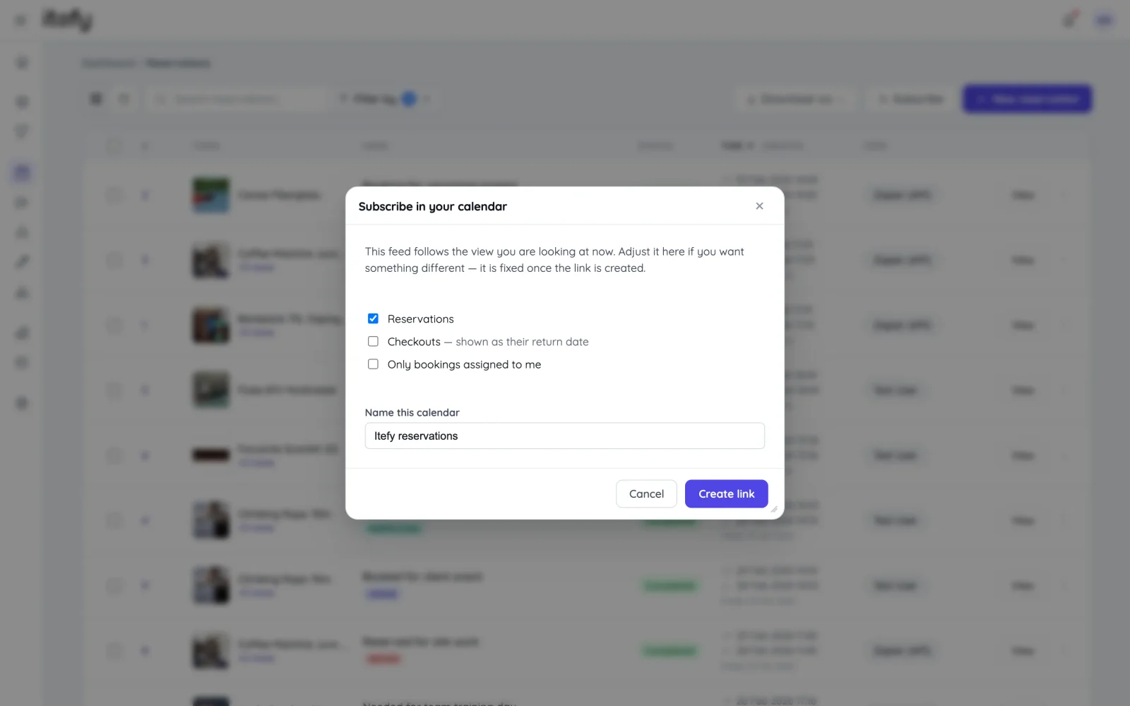 Itefy subscribe dialog, choosing what a calendar feed should contain