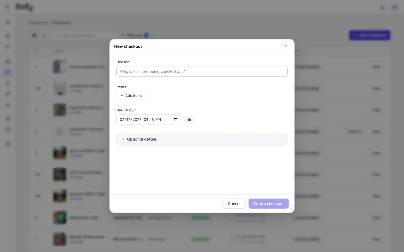 New equipment checkout in Itefy with reason, items and return time