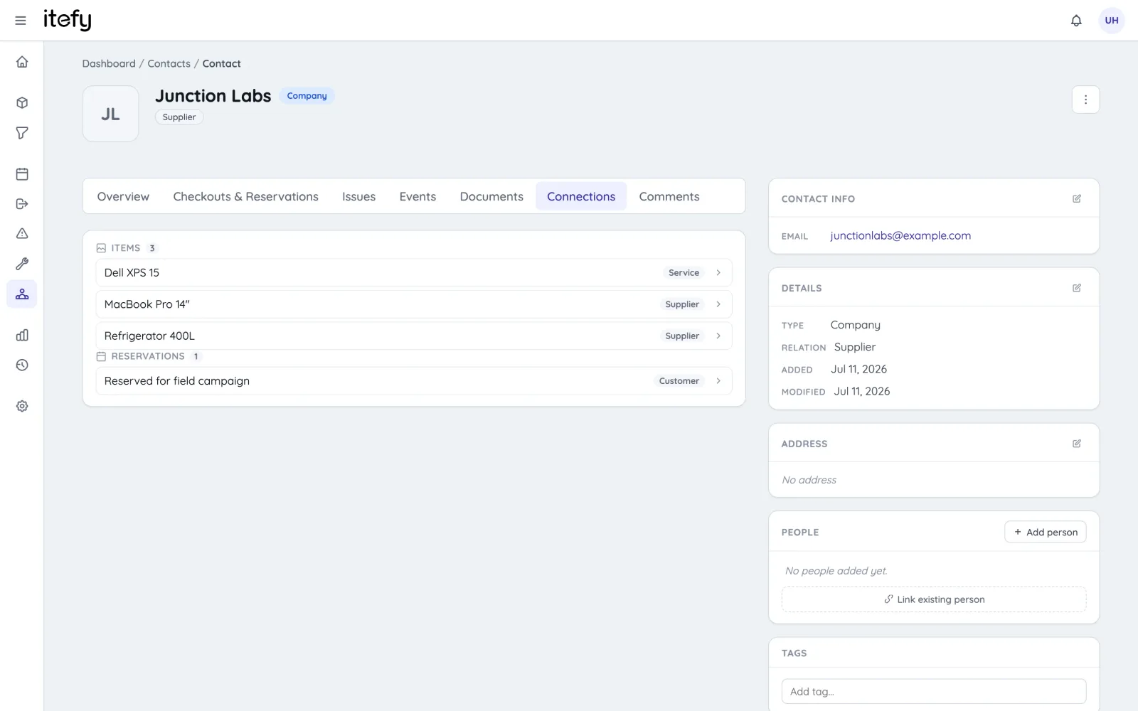 A contact&rsquo;s connections to items and records in Itefy