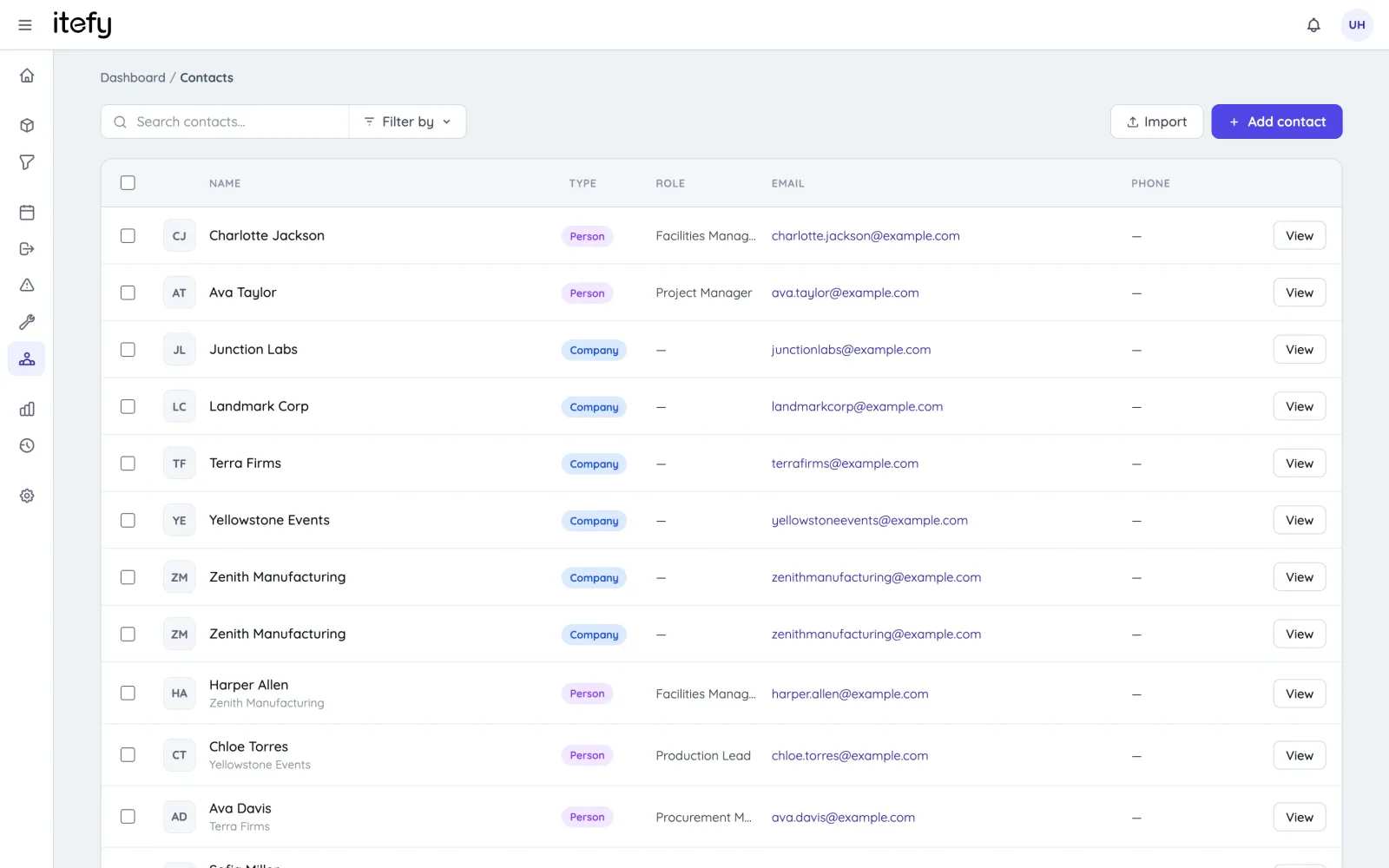 The contact register in Itefy with companies and people
