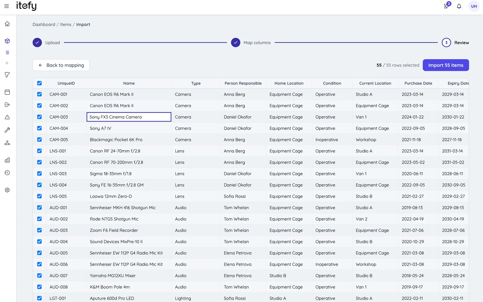 The Review step: every row checked, every cell editable, nothing created until you press Import The import wizard on the Review step, showing 55 spreadsheet rows mapped to name, unique ID, type, person responsible, location, condition and purchase columns, each row selectable and each cell editable before import