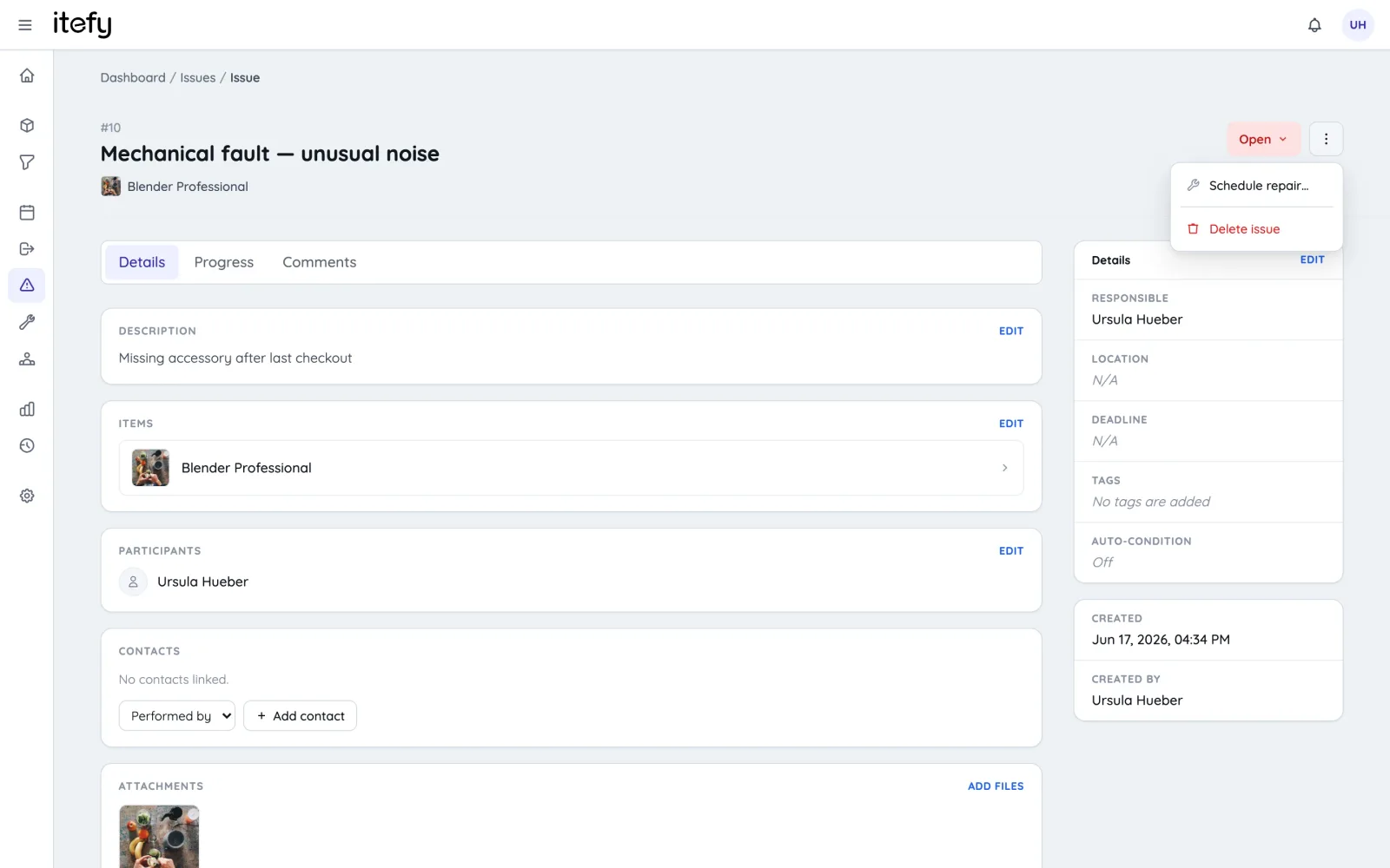 Issue ticket in Itefy with a Schedule repair action