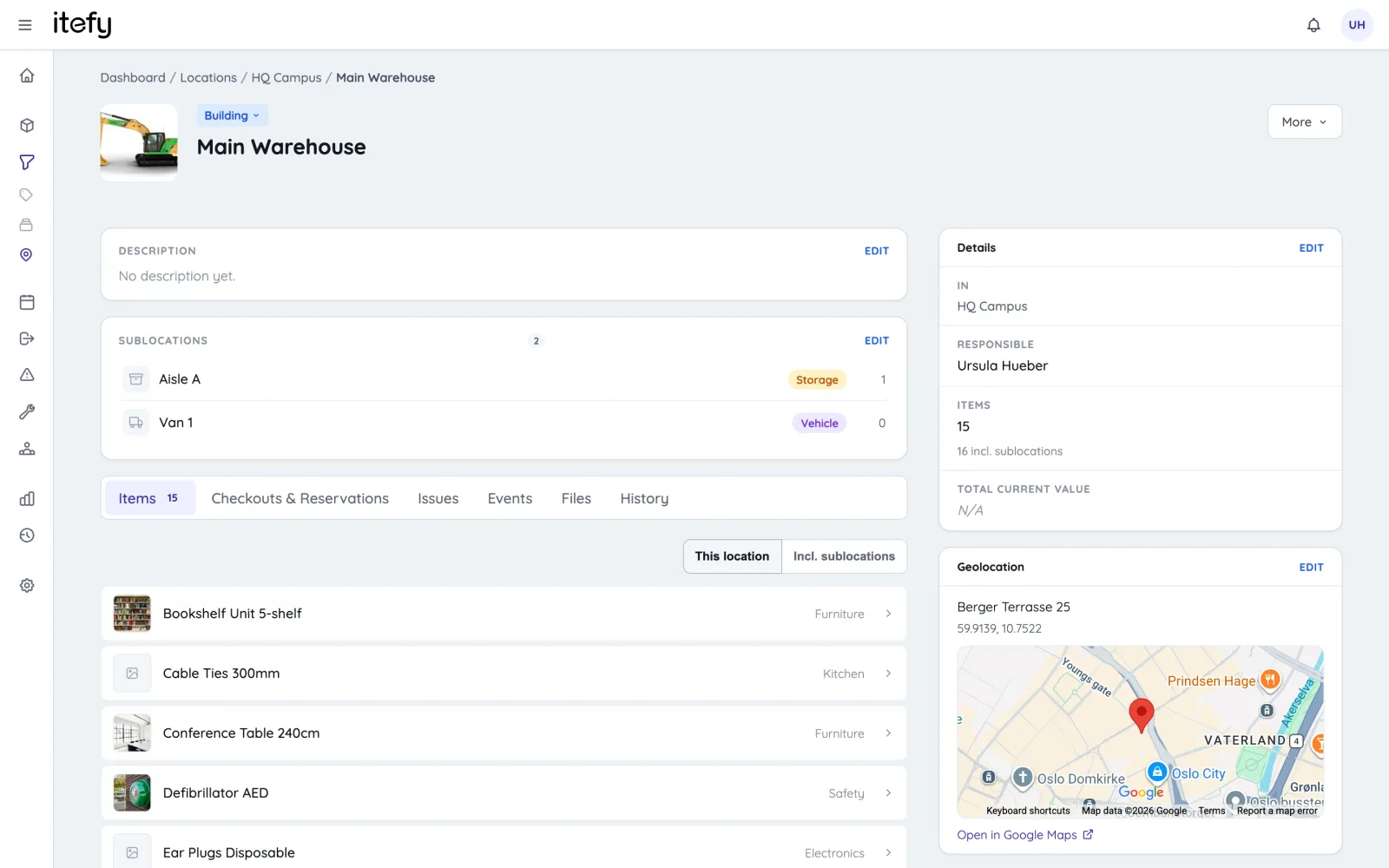 A location detail page with sublocations, stats and activity tabs