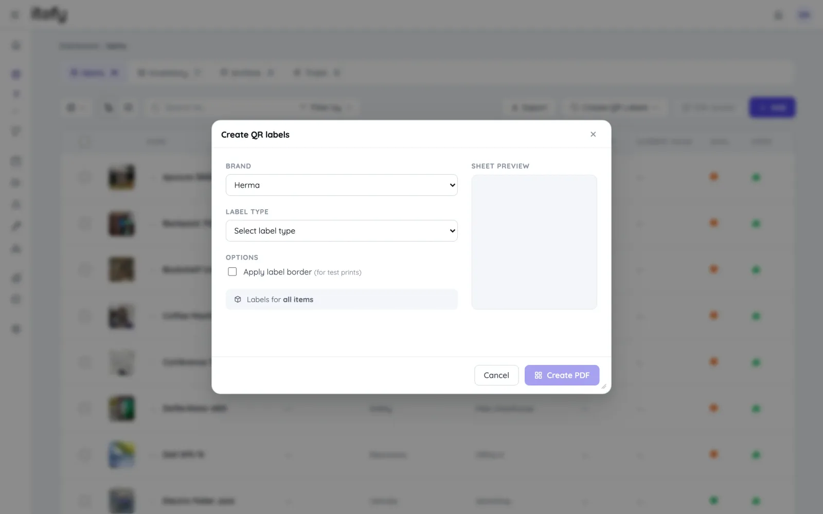 QR label generation in Itefy