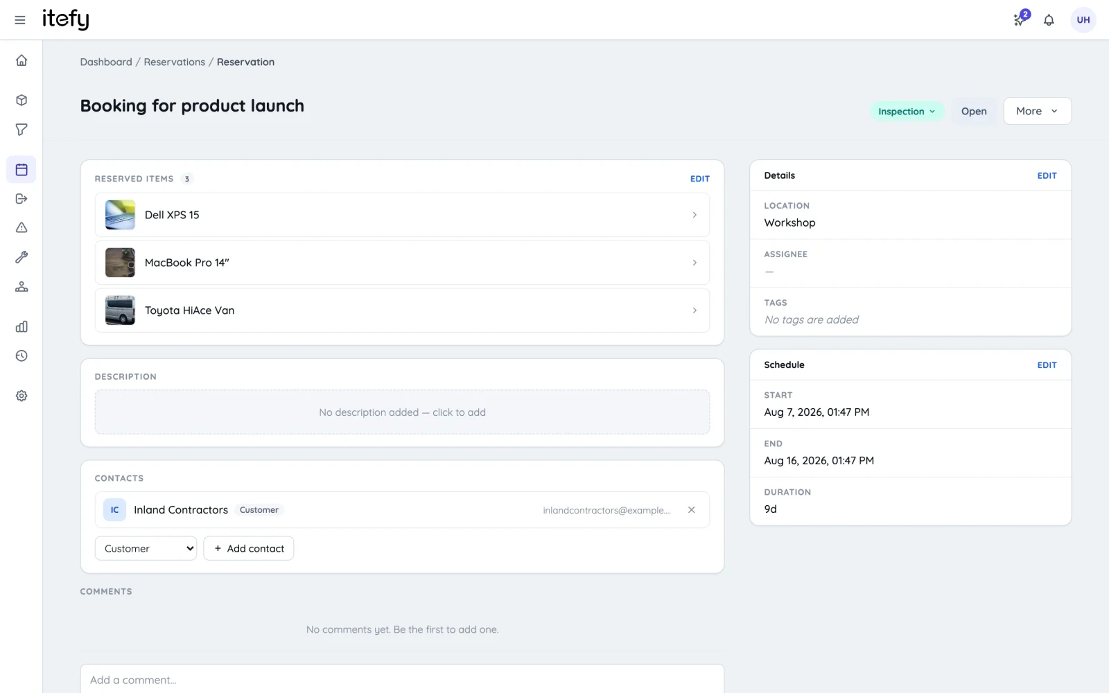 A reservation in Itefy with its items, details and schedule
