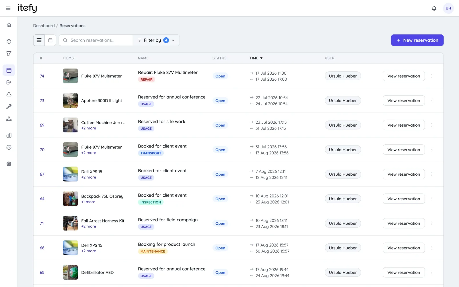 Reservation list in Itefy with statuses and assigned users