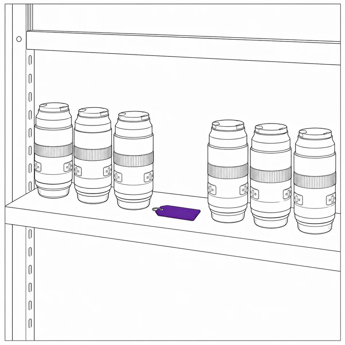 Ink drawing of a shelf of camera lenses with one gap in the row, an equipment tag lying flat in the gap.