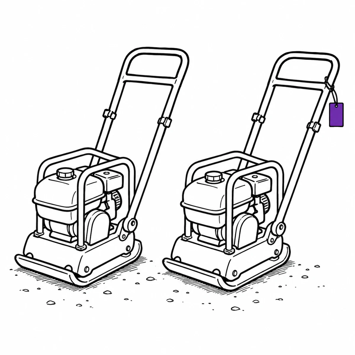 Ink drawing of two identical plate compactors standing side by side; only one carries an equipment tag.