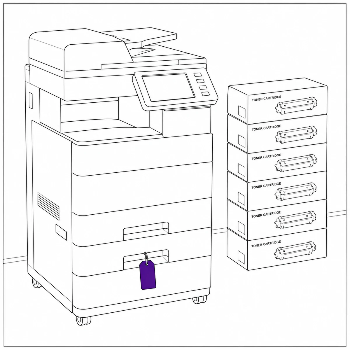 Ink drawing of a large office printer beside a tall stack of consumable boxes, an equipment tag on its tray handle.