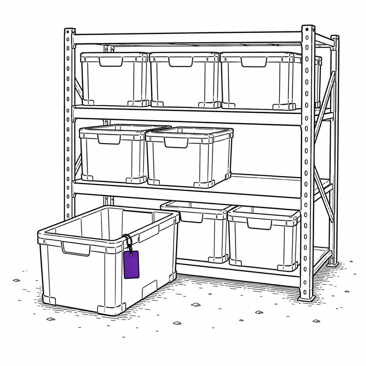 Ink drawing of a shelving rack of storage crates with one crate pulled forward and one shelf space empty.