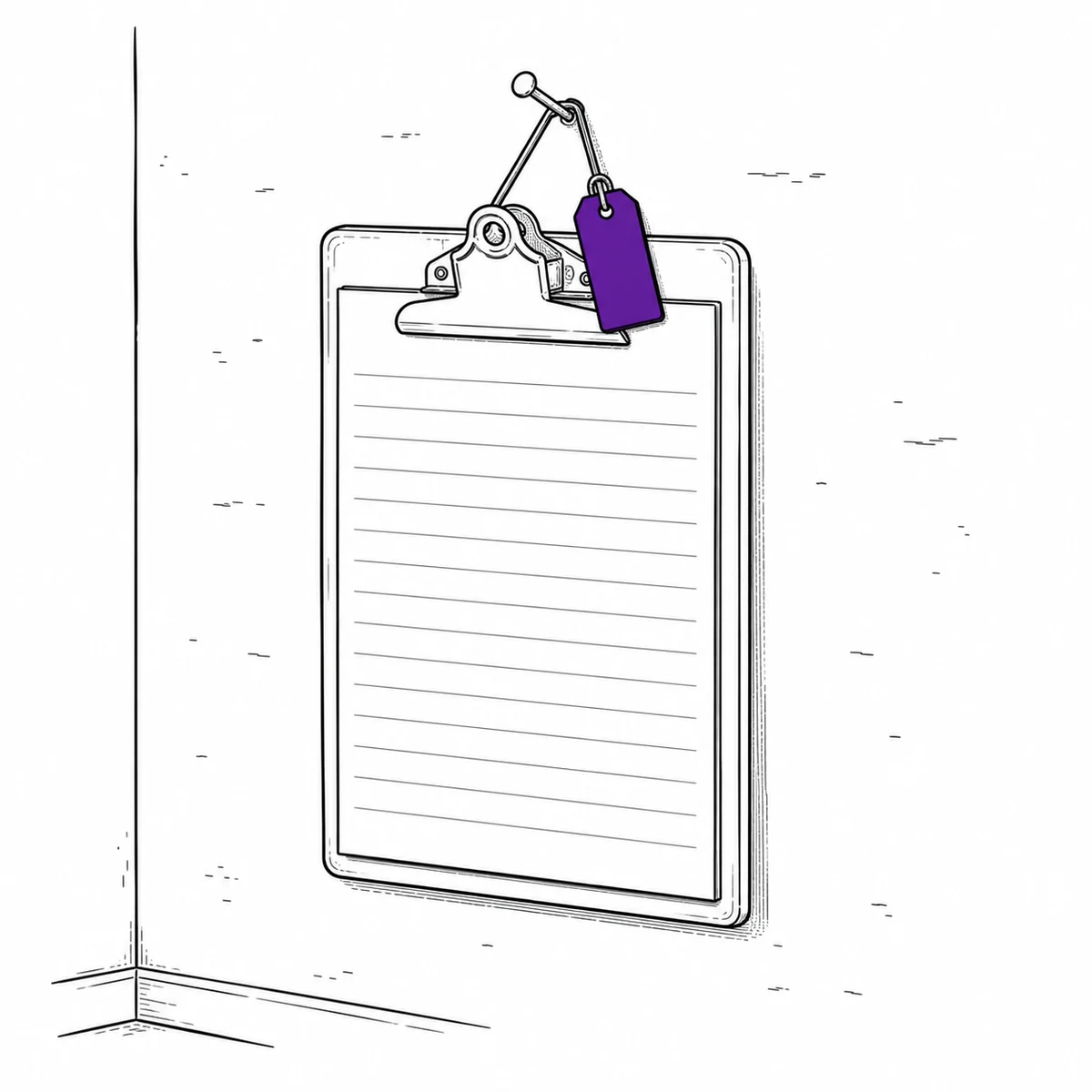 Ink drawing of a clipboard of blank ruled paper hanging from a nail, an equipment tag on the same nail.
