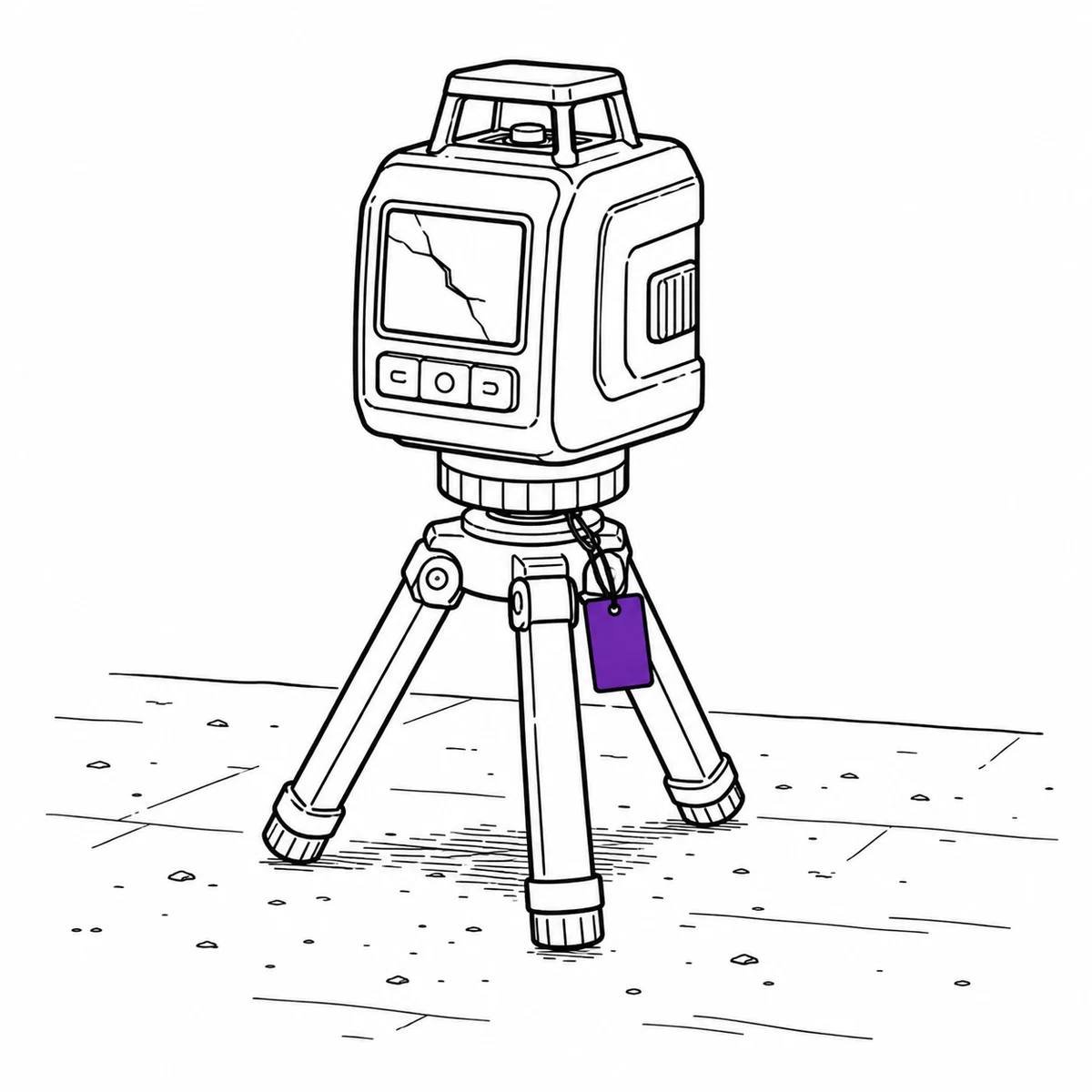 Ink drawing of a laser level on a small tripod with a cracked display screen, an equipment tag hanging from the tripod head.