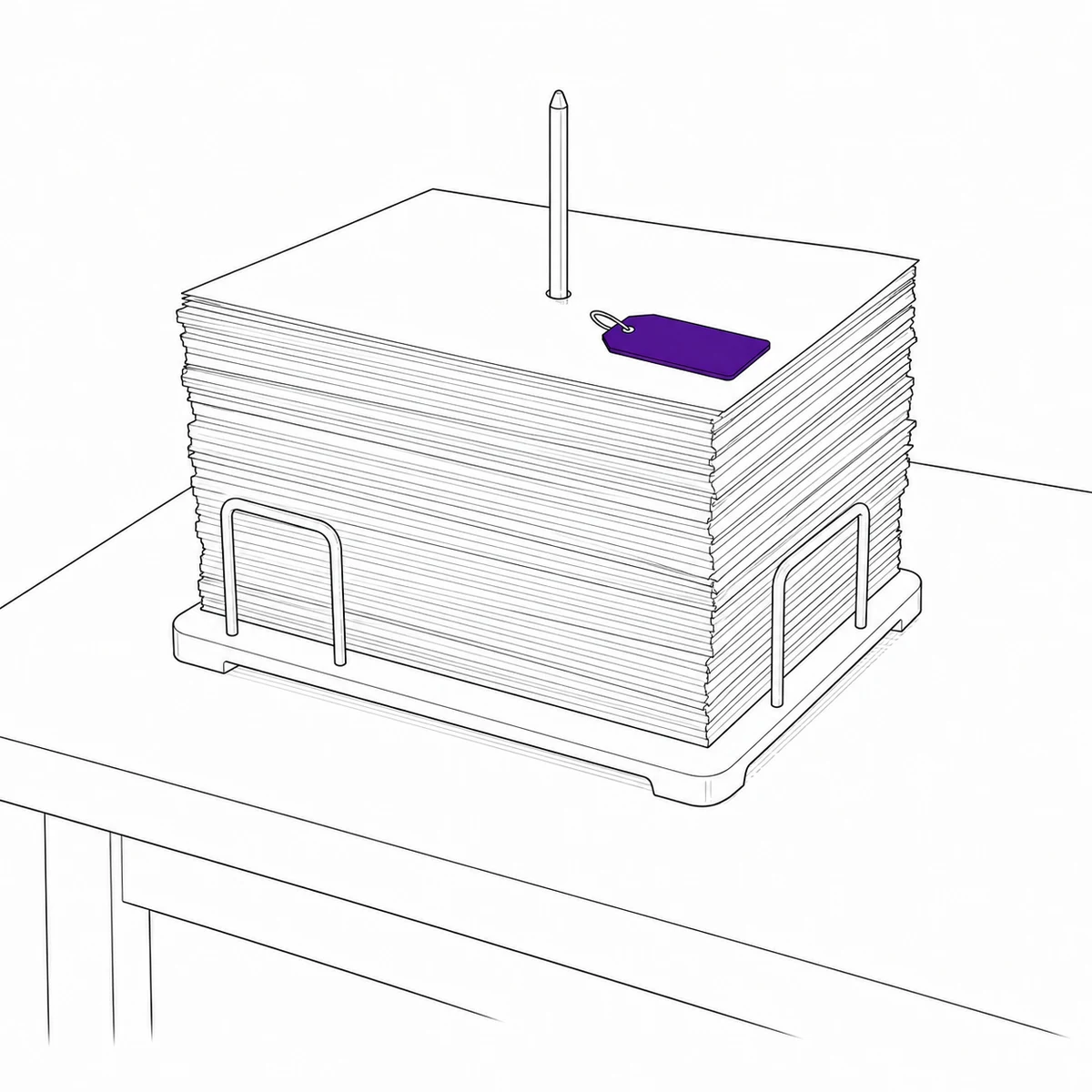 Ink drawing of a desk spike holding a thick stack of blank repair invoices, an equipment tag resting on top.