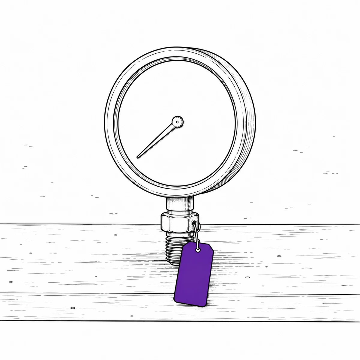 Ink drawing of a round dial pressure gauge on a workbench with a blank face, an equipment tag wired to its base.