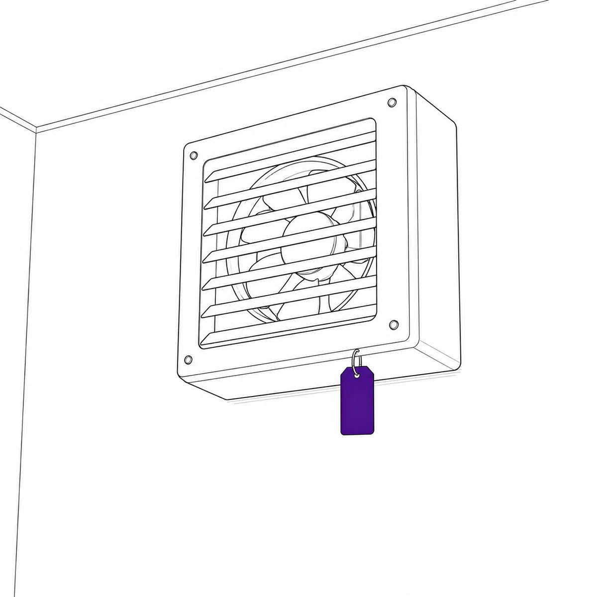 Ink drawing of a wall-mounted extractor fan unit seen from below, an equipment tag hanging from its casing.