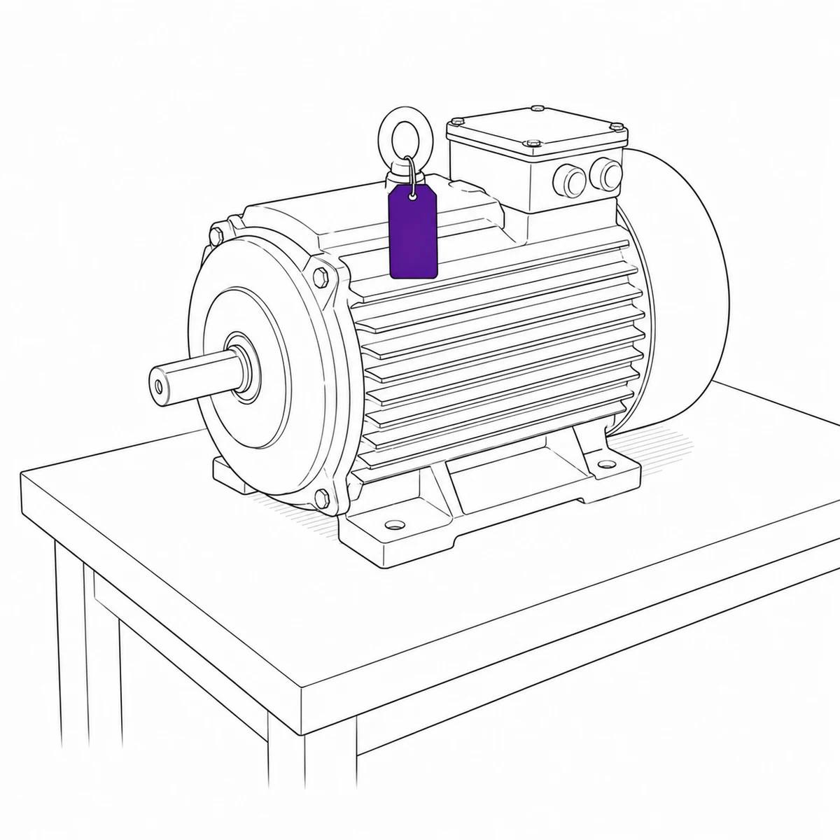 Ink drawing of an electric motor standing on a workbench, an equipment tag hanging from a lifting eye on its housing.