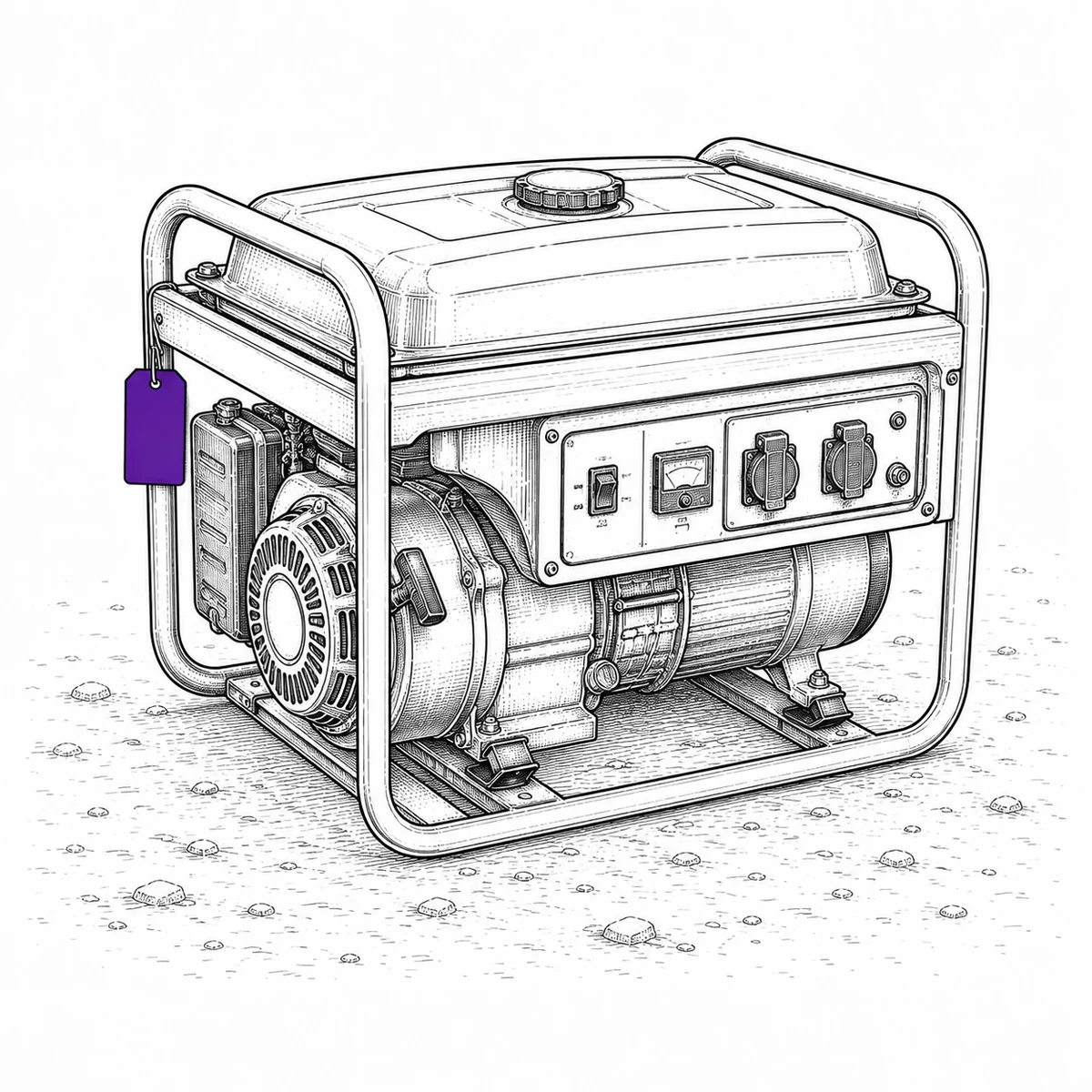 Ink drawing of a portable generator standing alone on rough open ground, an equipment tag hanging from its frame.